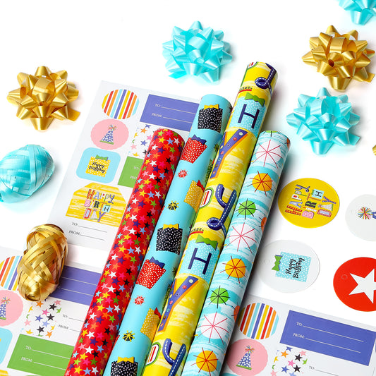 Packanewly Birthday Wrapping Paper Set with Cutline on Reverse(4-Pack, 100 sq. ft. ttl) - Stars&Lotus Leaf Gift Wrap Roll for Kids, Boys, Girls - 30 Inch x 10 Feet