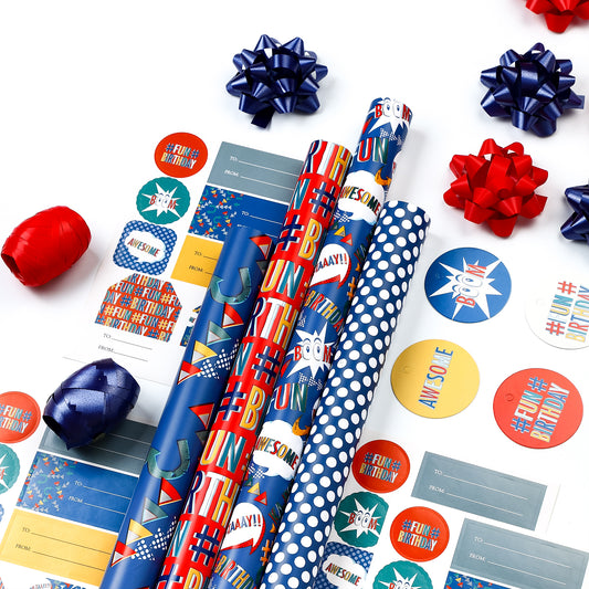Packanewly Birthday Wrapping Paper Set with Cutline on Reverse(4-Pack, 100 sq. ft. ttl) - Monster Theme Gift Wrap Roll for Kids, Boys, Girls - 30 Inch x 10 Feet