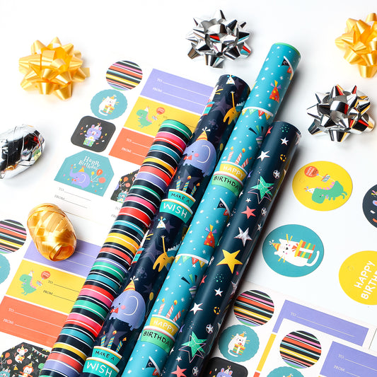 Packanewly Birthday Wrapping Paper Set with Cutline on Reverse(4-Pack, 100 sq. ft. ttl) - Animal Monkey Party Gift Wrap Roll for Kids, Boys, Girls - 30 Inch x 10 Feet…