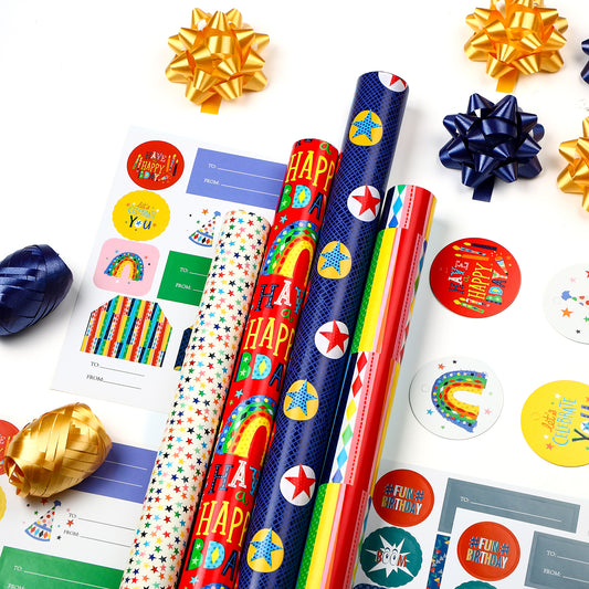 Packanewly Birthday Wrapping Paper Set with Cutline on Reverse(4-Pack, 100 sq. ft. ttl) - Stars&Words Gift Wrap Roll for Kids, Boys, Girls - 30 Inch x 10 Feet