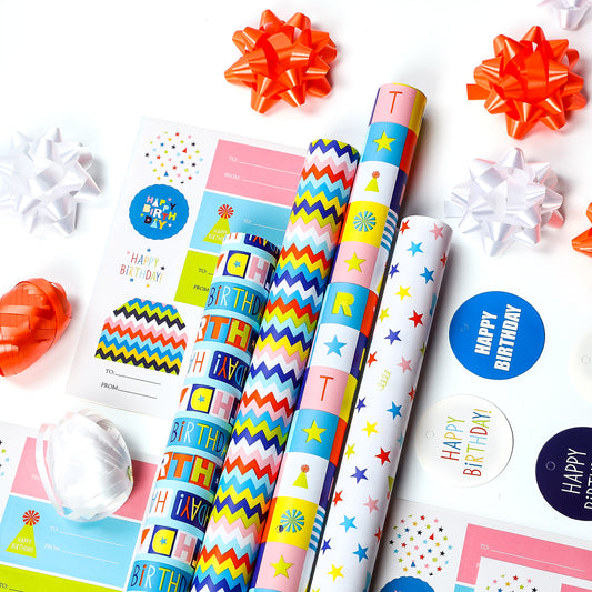 Packanewly Birthday Wrapping Paper Set with Cutline on Reverse(4-Pack, 100 sq. ft. ttl) - Words&Stards&Wave Line Gift Wrap Roll for Kids, Boys, Girls - 30 Inch x 10 Feet…