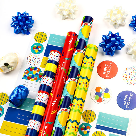 Packanewly Birthday Wrapping Paper Set with Cutline on Reverse(4-Pack, 100 sq. ft. ttl) - Balloon Gift Wrap Roll for Kids, Boys, Girls - 30 Inch x 10 Feet
