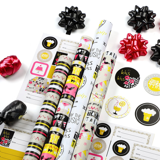 Packanewly Birthday Wrapping Paper Set with Cutline on Reverse(4-Pack, 100 sq. ft. ttl) - Words&high-heeled Shoes Gift Wrap Roll for Kids, Boys, Girls - 30 Inch x 10 Feet