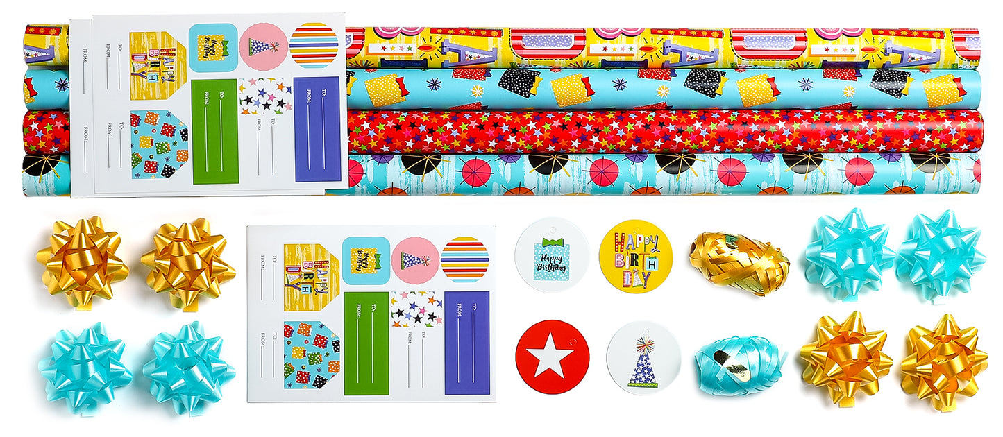 Packanewly Birthday Wrapping Paper Set with Cutline on Reverse(4-Pack, 100 sq. ft. ttl) - Stars&Lotus Leaf Gift Wrap Roll for Kids, Boys, Girls - 30 Inch x 10 Feet