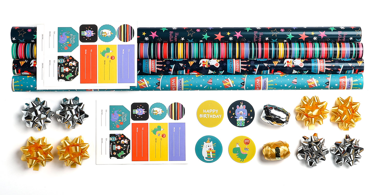Packanewly Birthday Wrapping Paper Set with Cutline on Reverse(4-Pack, 100 sq. ft. ttl) - Animal Monkey Party Gift Wrap Roll for Kids, Boys, Girls - 30 Inch x 10 Feet…