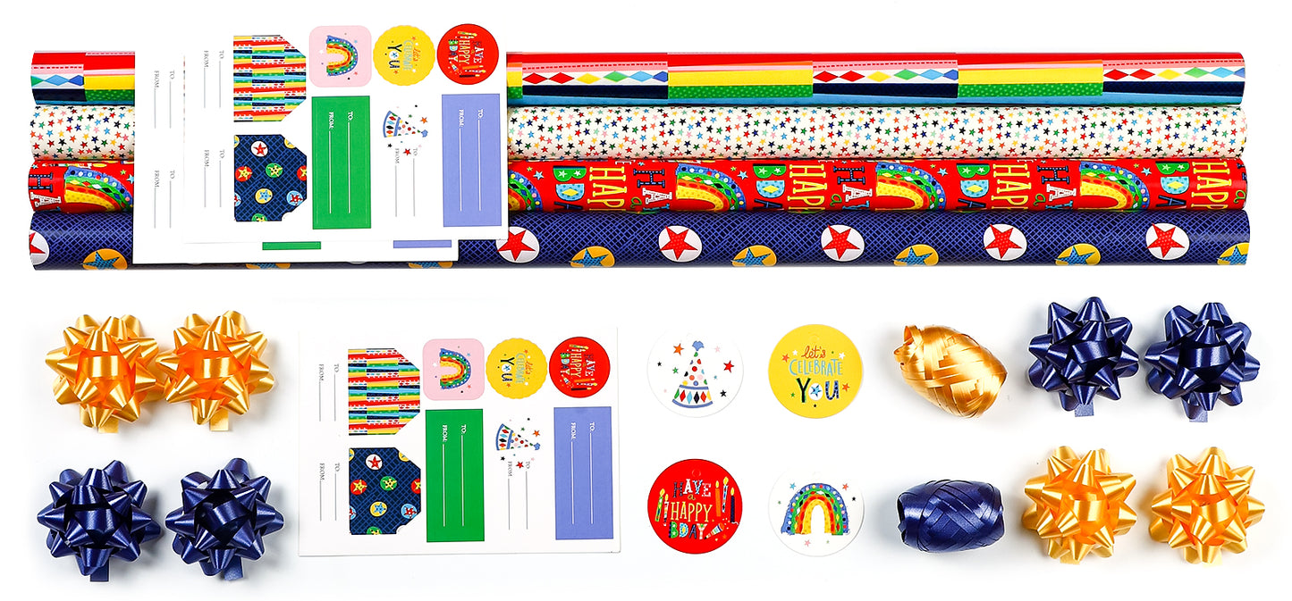 Packanewly Birthday Wrapping Paper Set with Cutline on Reverse(4-Pack, 100 sq. ft. ttl) - Stars&Words Gift Wrap Roll for Kids, Boys, Girls - 30 Inch x 10 Feet