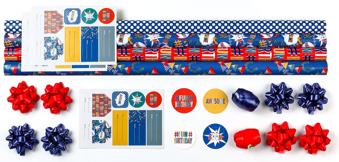 Packanewly Birthday Wrapping Paper Set with Cutline on Reverse(4-Pack, 100 sq. ft. ttl) - Monster Theme Gift Wrap Roll for Kids, Boys, Girls - 30 Inch x 10 Feet