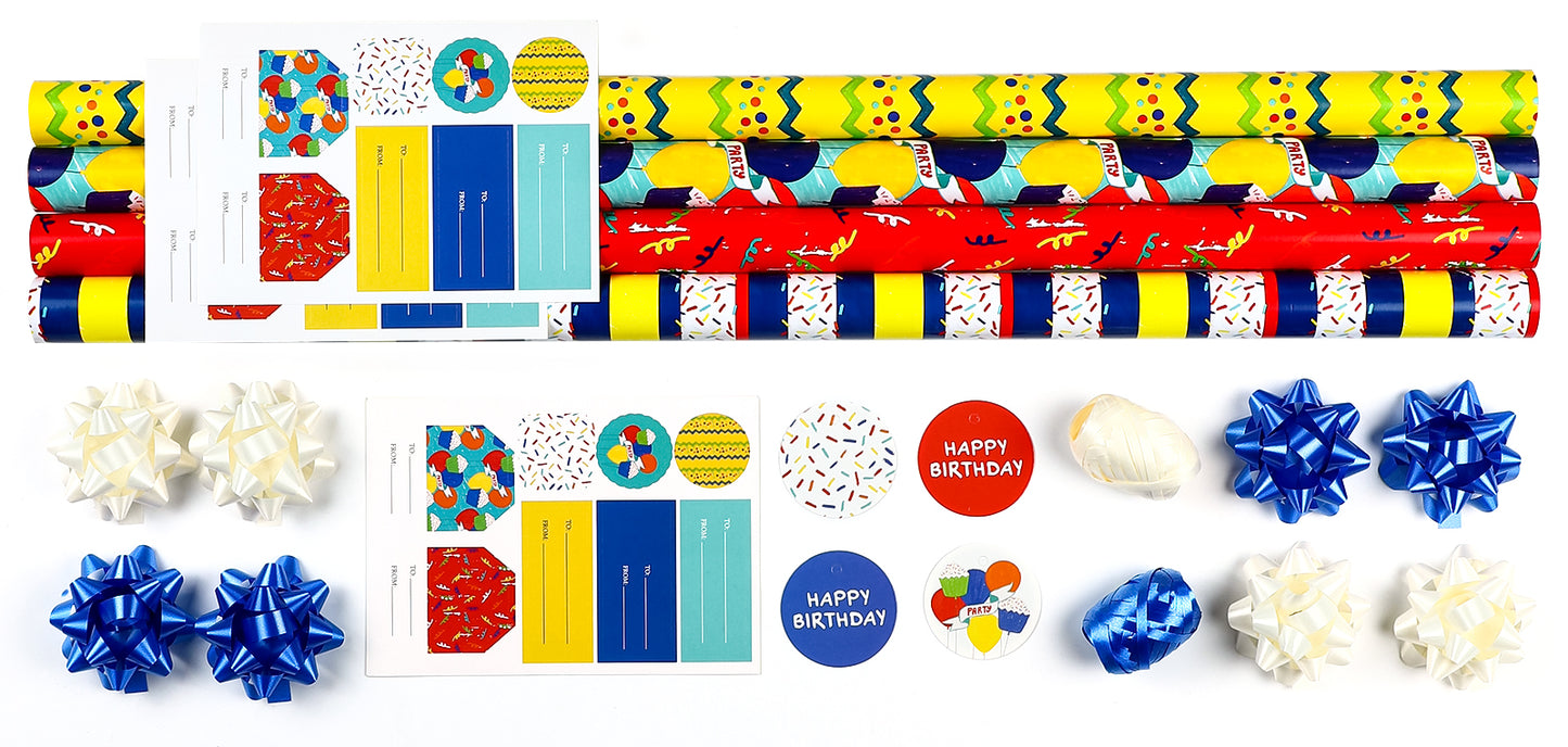 Packanewly Birthday Wrapping Paper Set with Cutline on Reverse(4-Pack, 100 sq. ft. ttl) - Balloon Gift Wrap Roll for Kids, Boys, Girls - 30 Inch x 10 Feet