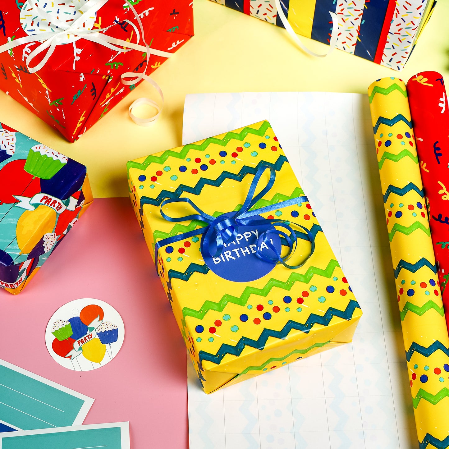 Packanewly Birthday Wrapping Paper Set with Cutline on Reverse(4-Pack, 100 sq. ft. ttl) - Balloon Gift Wrap Roll for Kids, Boys, Girls - 30 Inch x 10 Feet