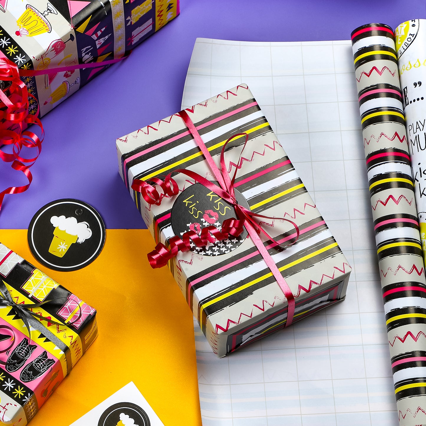 Packanewly Birthday Wrapping Paper Set with Cutline on Reverse(4-Pack, 100 sq. ft. ttl) - Words&high-heeled Shoes Gift Wrap Roll for Kids, Boys, Girls - 30 Inch x 10 Feet