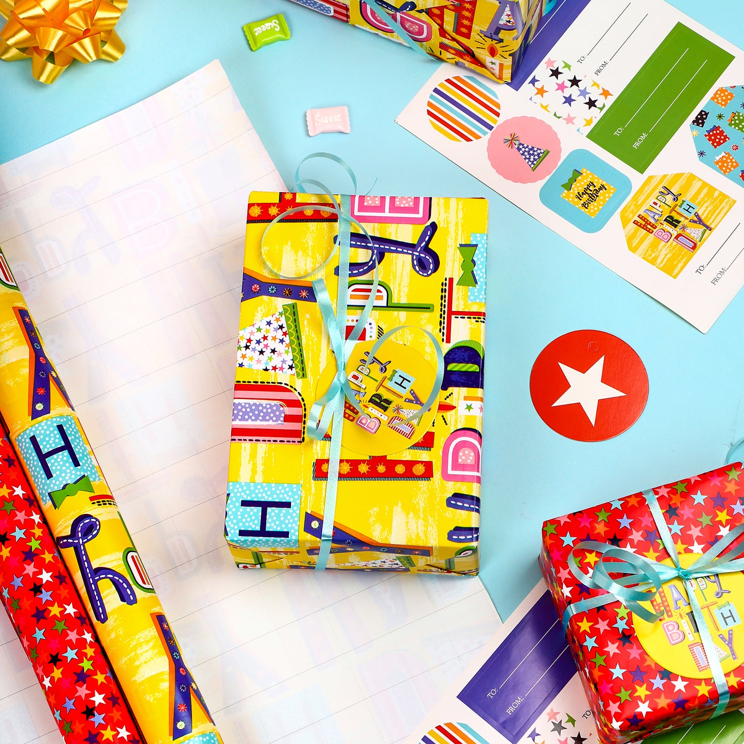 Packanewly Birthday Wrapping Paper Set with Cutline on Reverse(4-Pack, 100 sq. ft. ttl) - Stars&Lotus Leaf Gift Wrap Roll for Kids, Boys, Girls - 30 Inch x 10 Feet