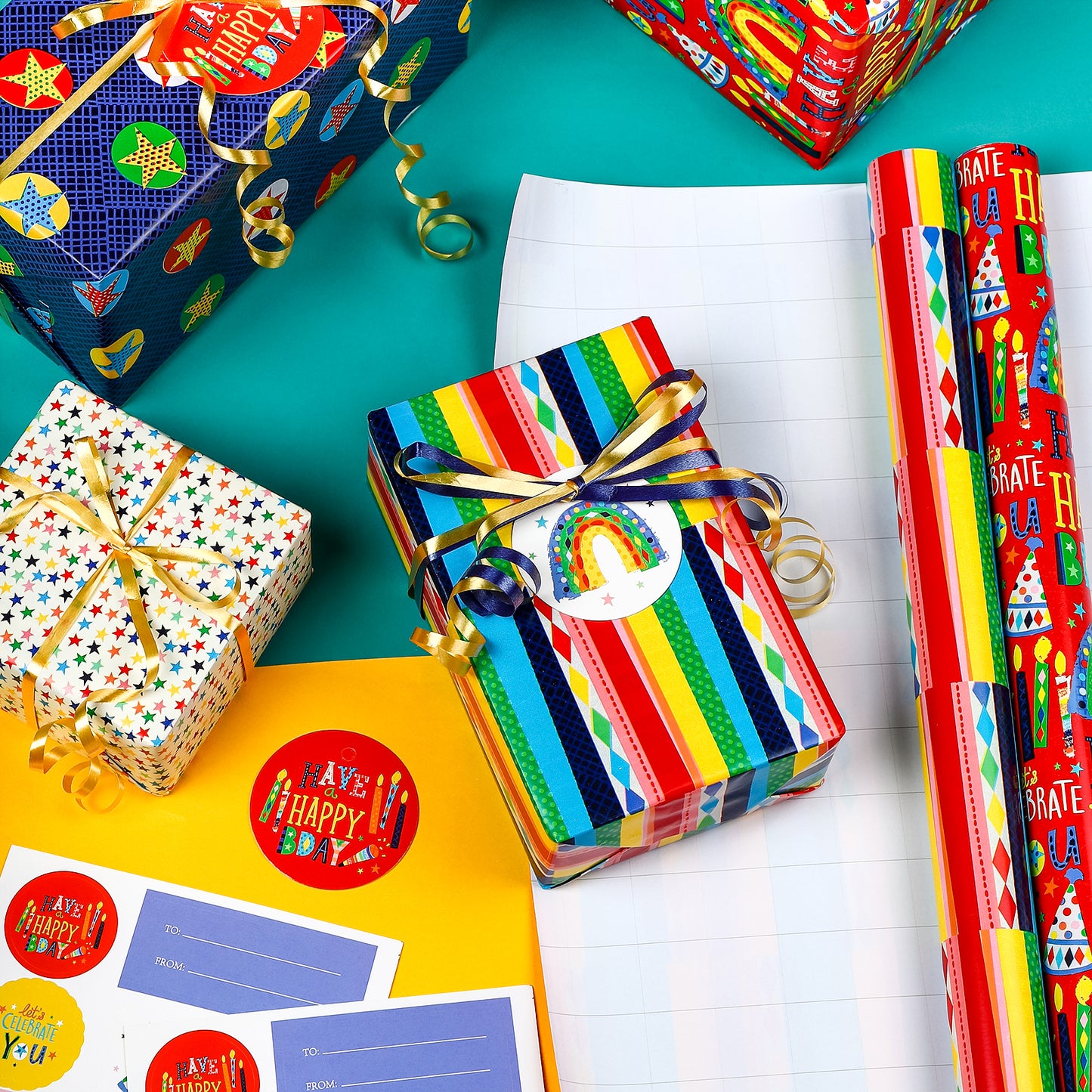 Packanewly Birthday Wrapping Paper Set with Cutline on Reverse(4-Pack, 100 sq. ft. ttl) - Stars&Words Gift Wrap Roll for Kids, Boys, Girls - 30 Inch x 10 Feet