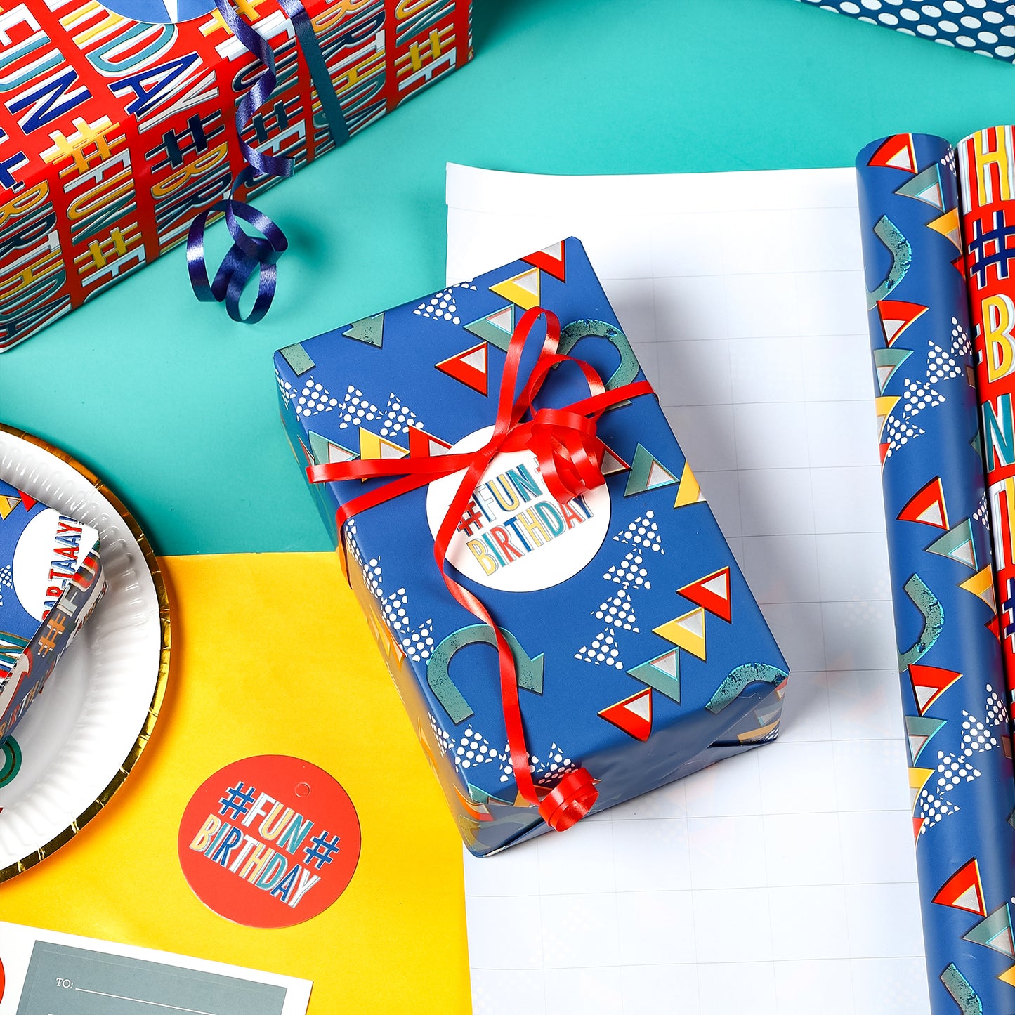 Packanewly Birthday Wrapping Paper Set with Cutline on Reverse(4-Pack, 100 sq. ft. ttl) - Monster Theme Gift Wrap Roll for Kids, Boys, Girls - 30 Inch x 10 Feet