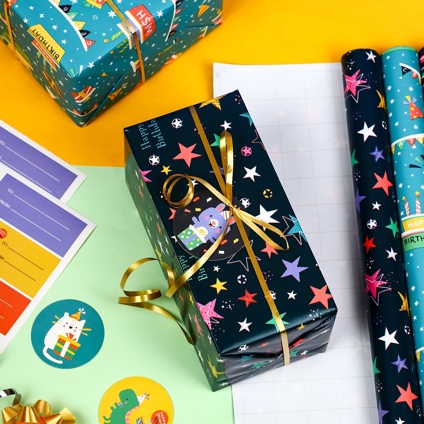 Packanewly Birthday Wrapping Paper Set with Cutline on Reverse(4-Pack, 100 sq. ft. ttl) - Animal Monkey Party Gift Wrap Roll for Kids, Boys, Girls - 30 Inch x 10 Feet…
