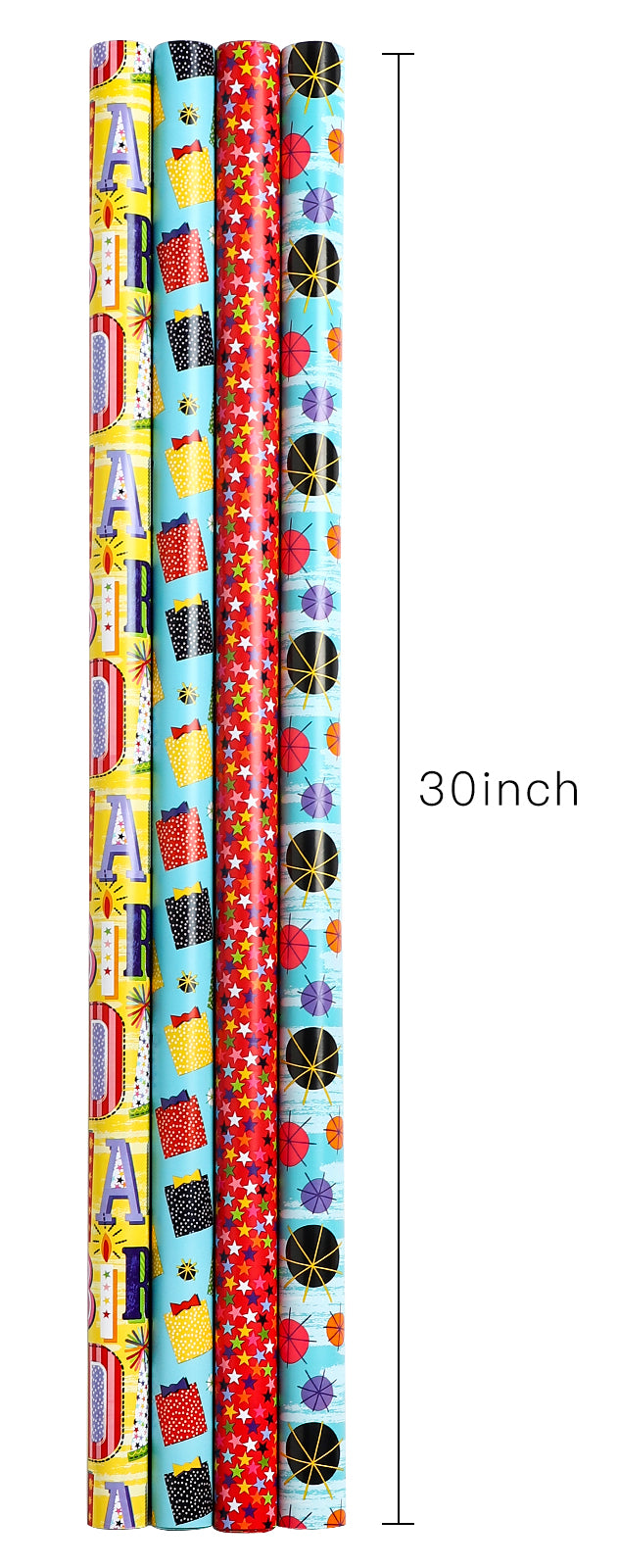 Packanewly Birthday Wrapping Paper Set with Cutline on Reverse(4-Pack, 100 sq. ft. ttl) - Stars&Lotus Leaf Gift Wrap Roll for Kids, Boys, Girls - 30 Inch x 10 Feet