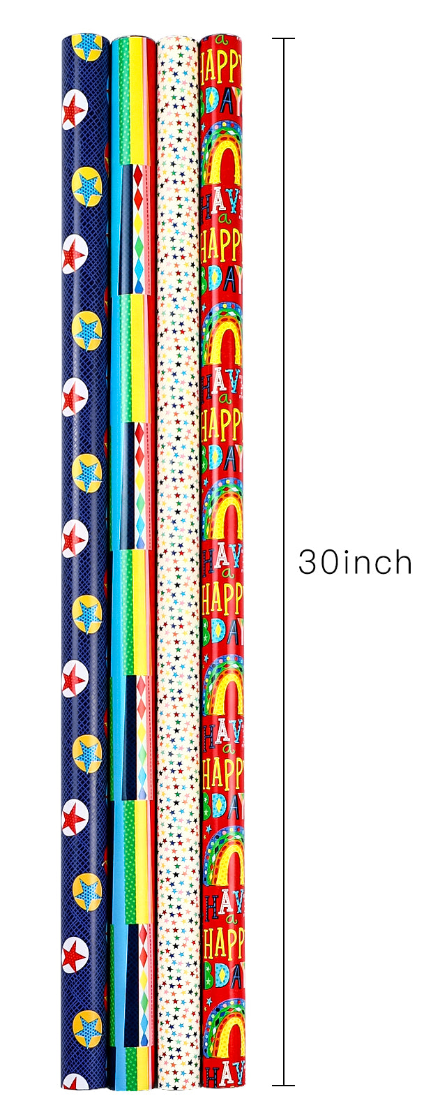 Packanewly Birthday Wrapping Paper Set with Cutline on Reverse(4-Pack, 100 sq. ft. ttl) - Stars&Words Gift Wrap Roll for Kids, Boys, Girls - 30 Inch x 10 Feet