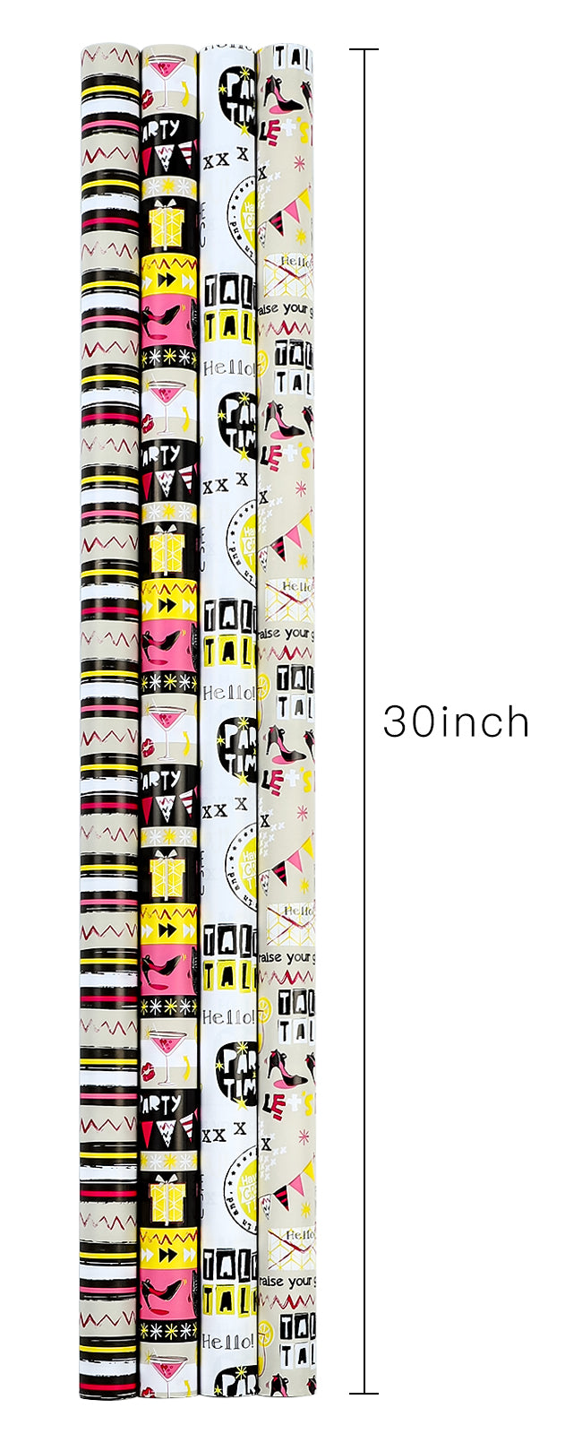 Packanewly Birthday Wrapping Paper Set with Cutline on Reverse(4-Pack, 100 sq. ft. ttl) - Words&high-heeled Shoes Gift Wrap Roll for Kids, Boys, Girls - 30 Inch x 10 Feet