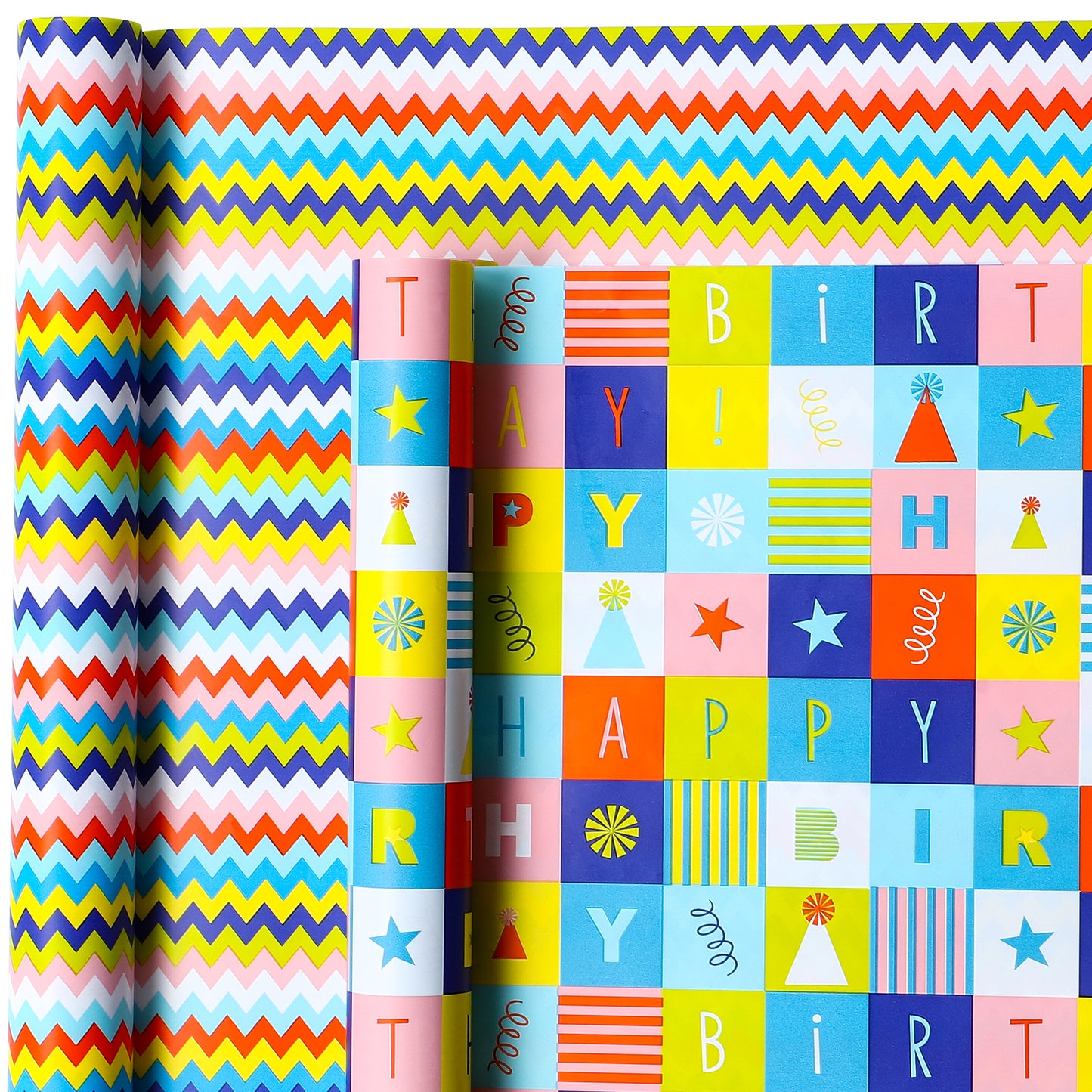 Packanewly Birthday Wrapping Paper Set with Cutline on Reverse(4-Pack, 100 sq. ft. ttl) - Words&Stards&Wave Line Gift Wrap Roll for Kids, Boys, Girls - 30 Inch x 10 Feet…