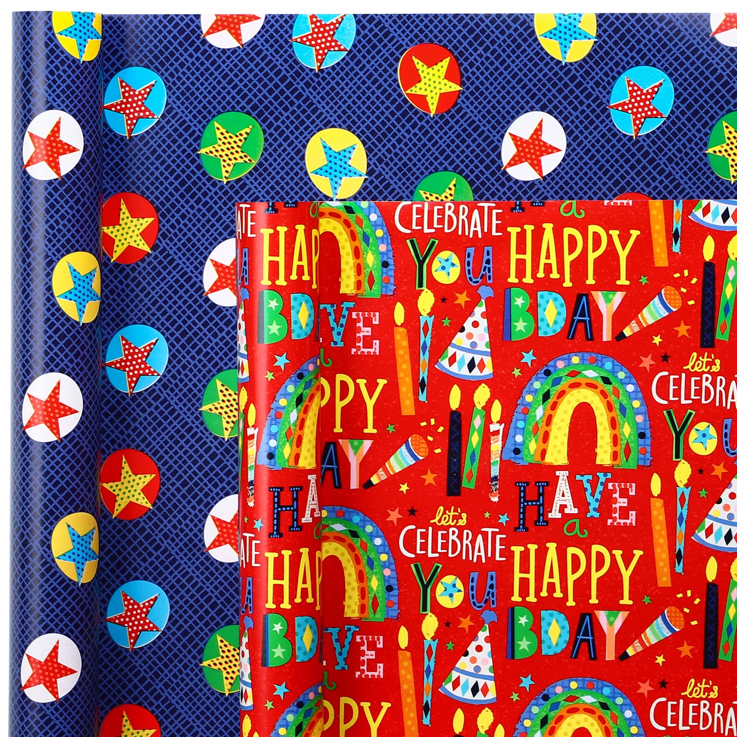 Packanewly Birthday Wrapping Paper Set with Cutline on Reverse(4-Pack, 100 sq. ft. ttl) - Stars&Words Gift Wrap Roll for Kids, Boys, Girls - 30 Inch x 10 Feet
