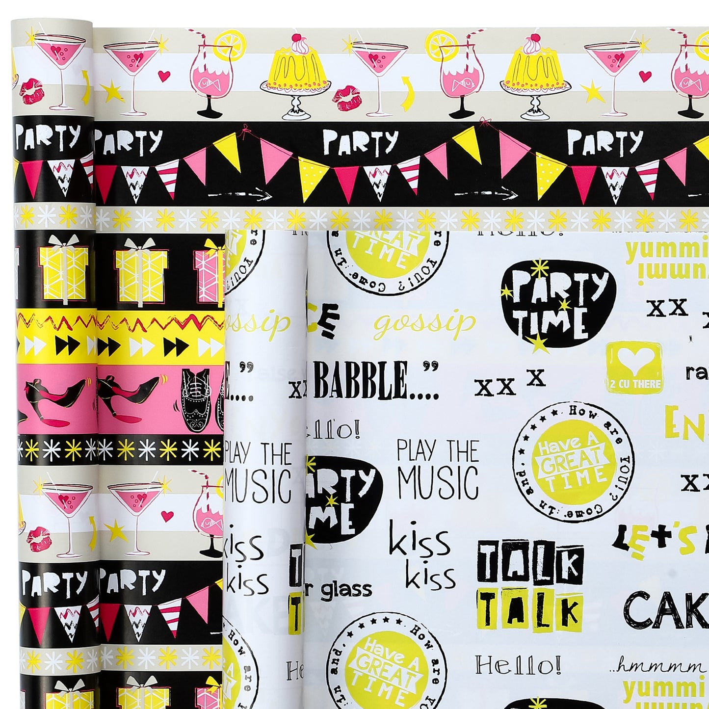 Packanewly Birthday Wrapping Paper Set with Cutline on Reverse(4-Pack, 100 sq. ft. ttl) - Words&high-heeled Shoes Gift Wrap Roll for Kids, Boys, Girls - 30 Inch x 10 Feet