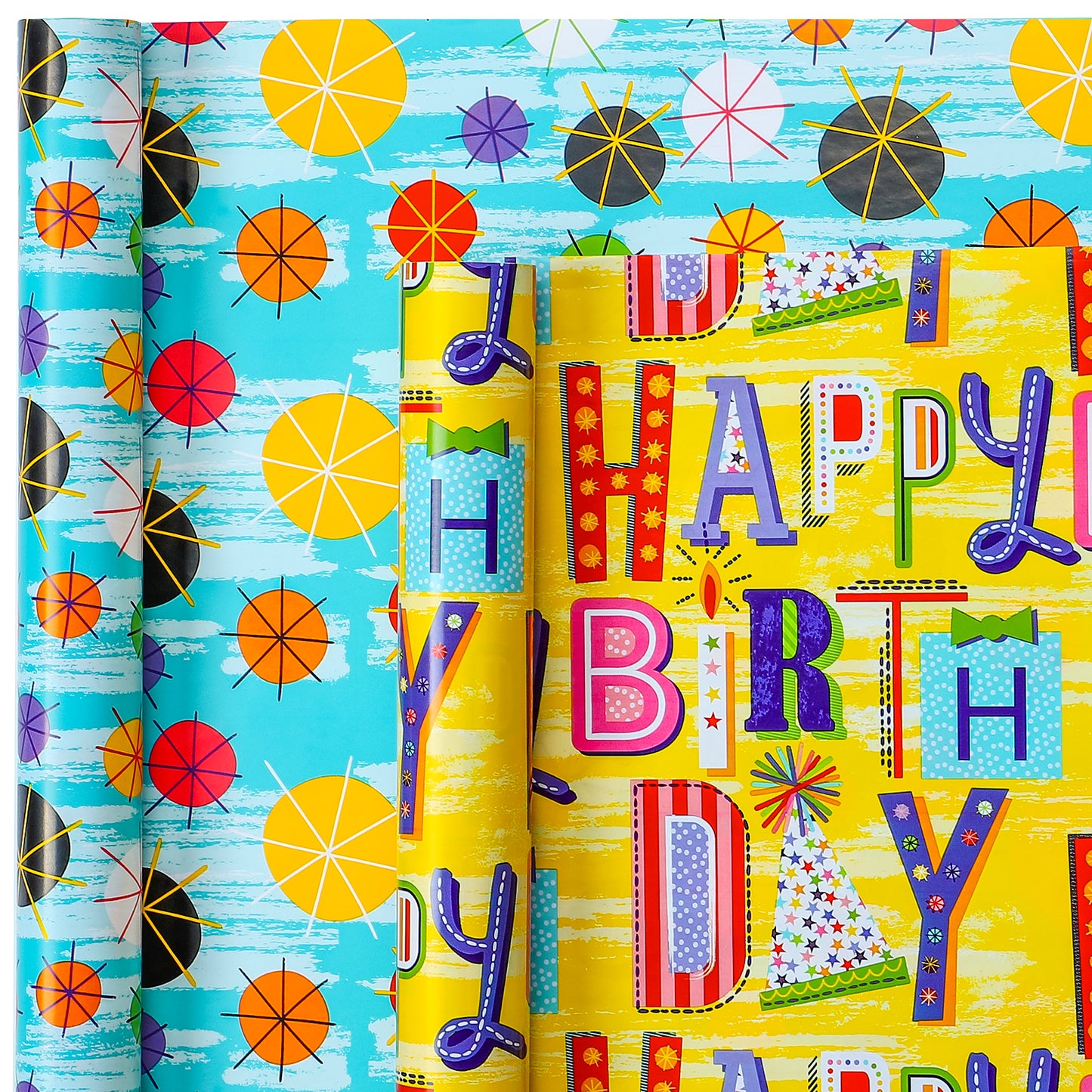 Packanewly Birthday Wrapping Paper Set with Cutline on Reverse(4-Pack, 100 sq. ft. ttl) - Stars&Lotus Leaf Gift Wrap Roll for Kids, Boys, Girls - 30 Inch x 10 Feet