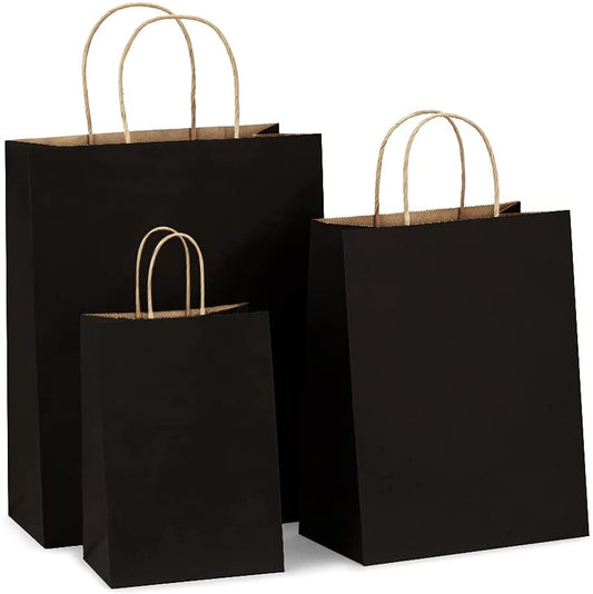Packanewly Kraft Bag with Handle, 5.9x3x8 & 8x4.3x10.5 & 10x5x13 Mixed Size Black Gift bags Bulk, Kraft Paper Bags for Gift, Shopping, Wedding, Birthday Parties, and Store Owners