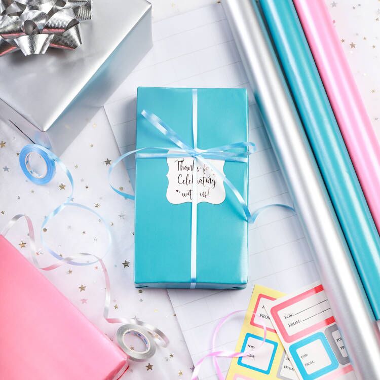Packanewly Wrapping Paper Set - 17 inch x 120 inch Silver, Pink, Blue Mini Roll with Ribbon and Tag Stickers (3-Pack, 42.3 sq.ft.ttl.)