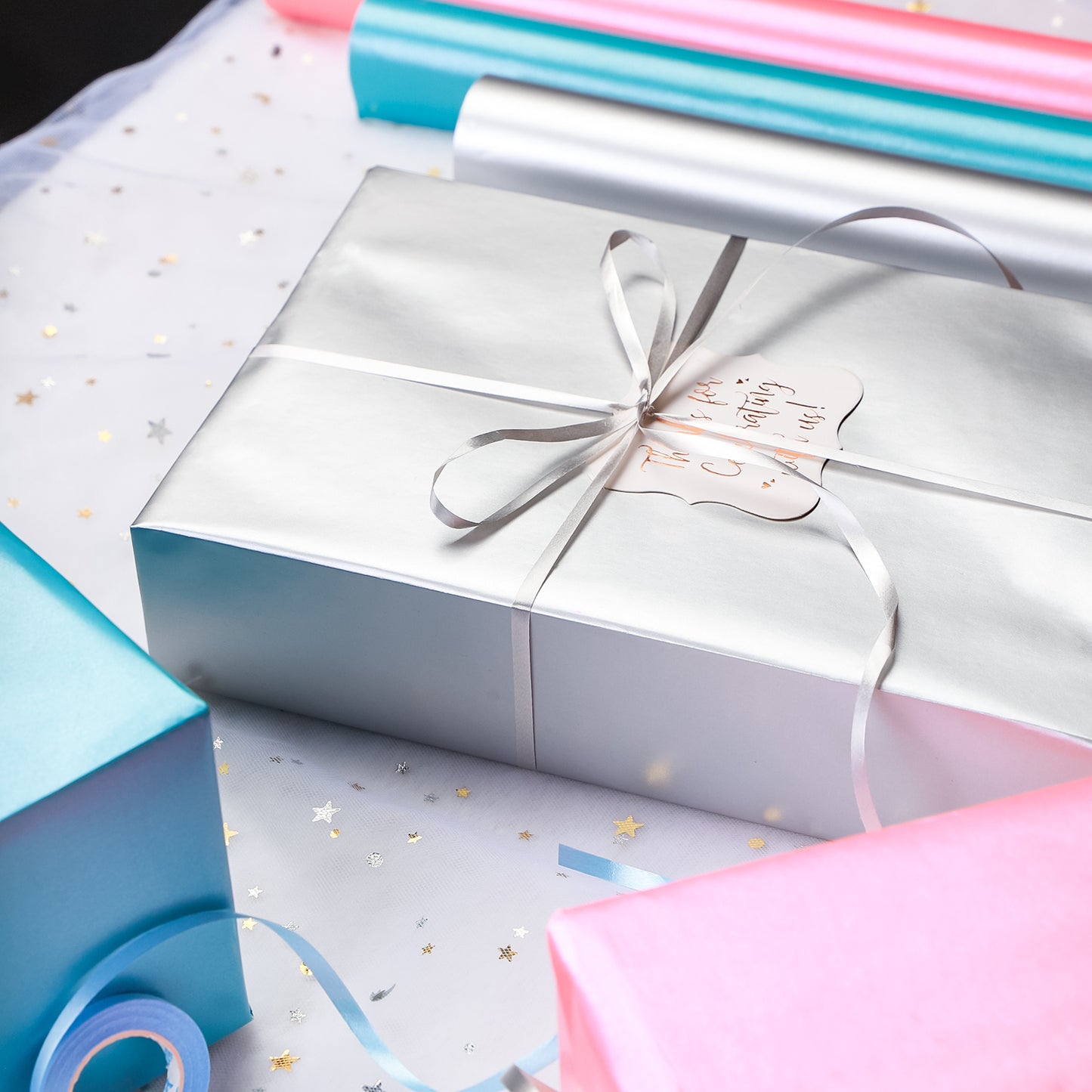 Packanewly Wrapping Paper Set - 17 inch x 120 inch Silver, Pink, Blue Mini Roll with Ribbon and Tag Stickers (3-Pack, 42.3 sq.ft.ttl.)