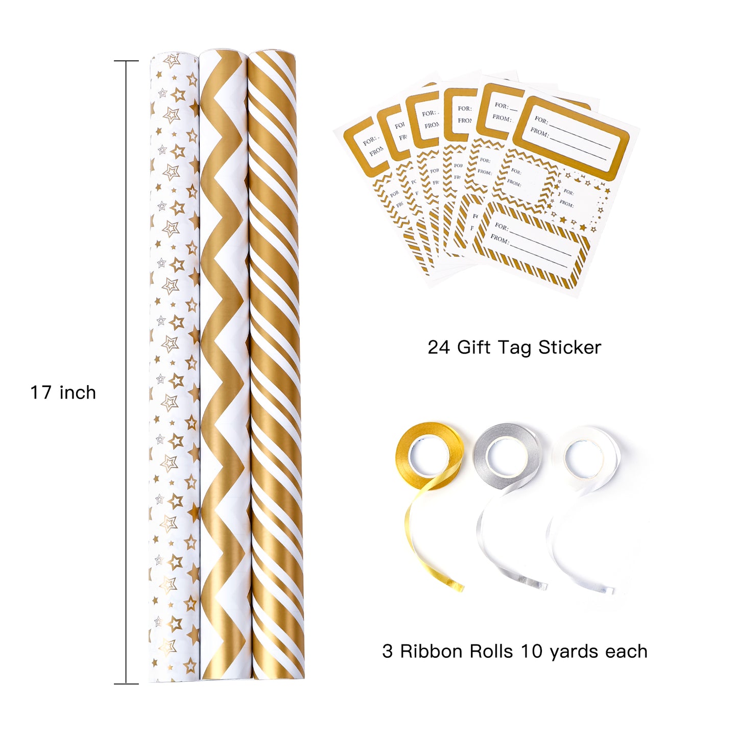 Packanewly Wrapping Paper Set - 17 inch x 120 inch White Gold Designs Mini Roll with Ribbon and Tag Stickers (3-Pack, 42.3 sq.ft.ttl.)