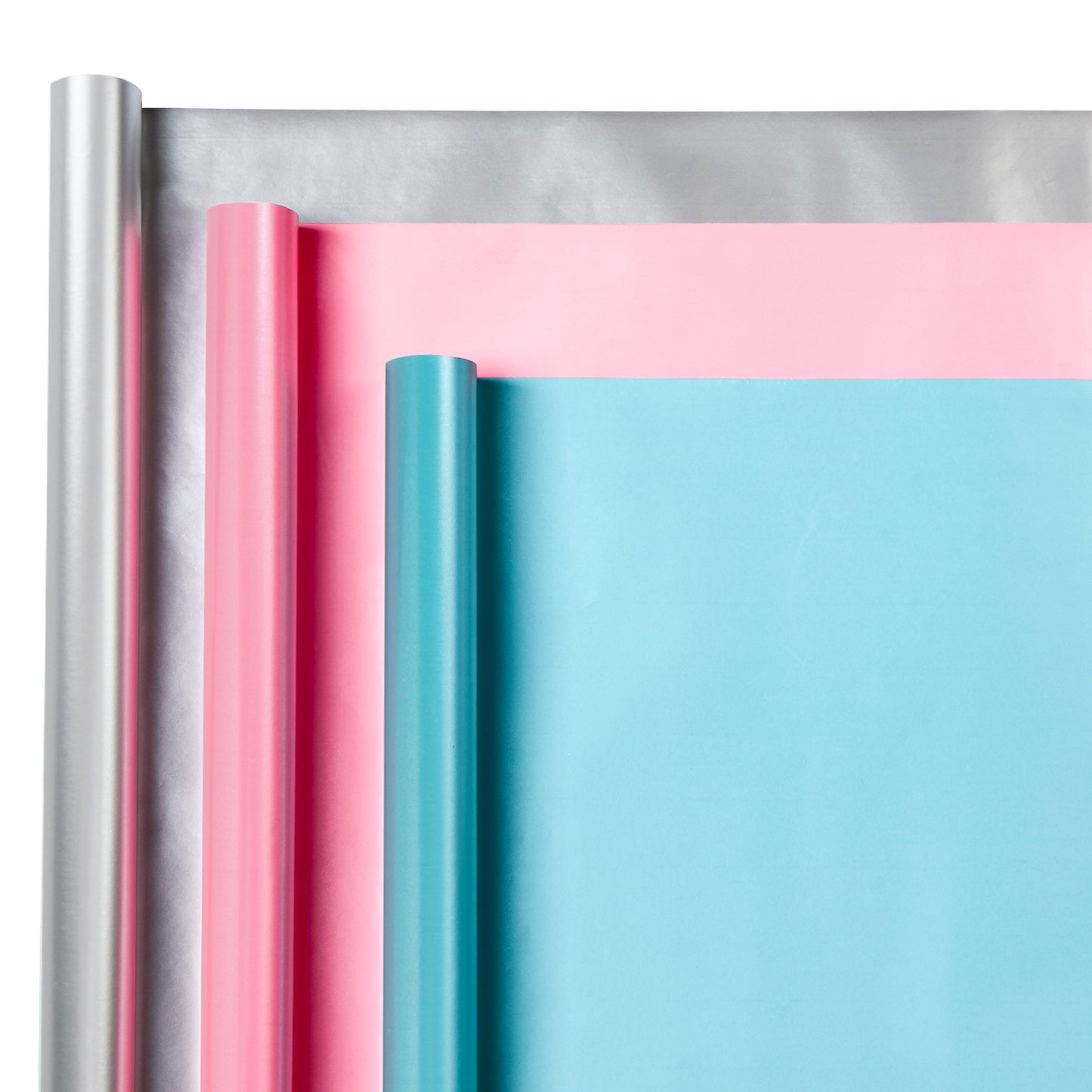 Packanewly Wrapping Paper Set - 17 inch x 120 inch Silver, Pink, Blue Mini Roll with Ribbon and Tag Stickers (3-Pack, 42.3 sq.ft.ttl.)