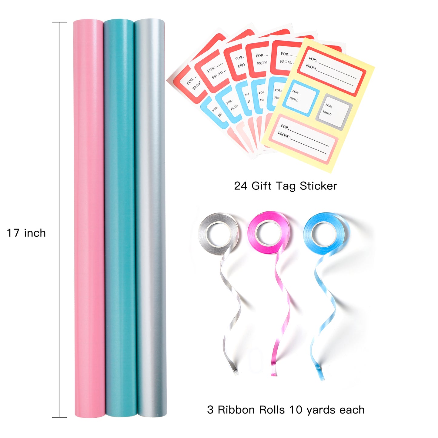 Packanewly Wrapping Paper Set - 17 inch x 120 inch Silver, Pink, Blue Mini Roll with Ribbon and Tag Stickers (3-Pack, 42.3 sq.ft.ttl.)