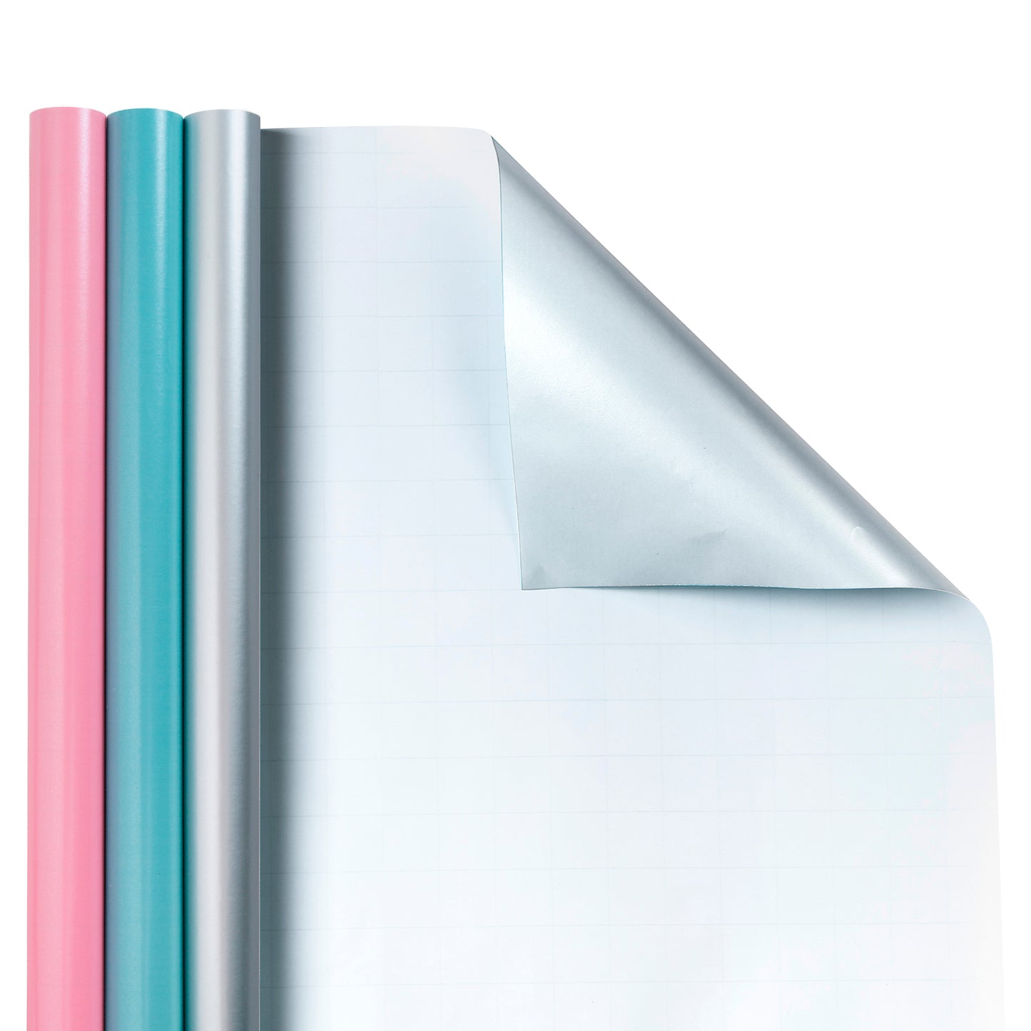 Packanewly Wrapping Paper Set - 17 inch x 120 inch Silver, Pink, Blue Mini Roll with Ribbon and Tag Stickers (3-Pack, 42.3 sq.ft.ttl.)