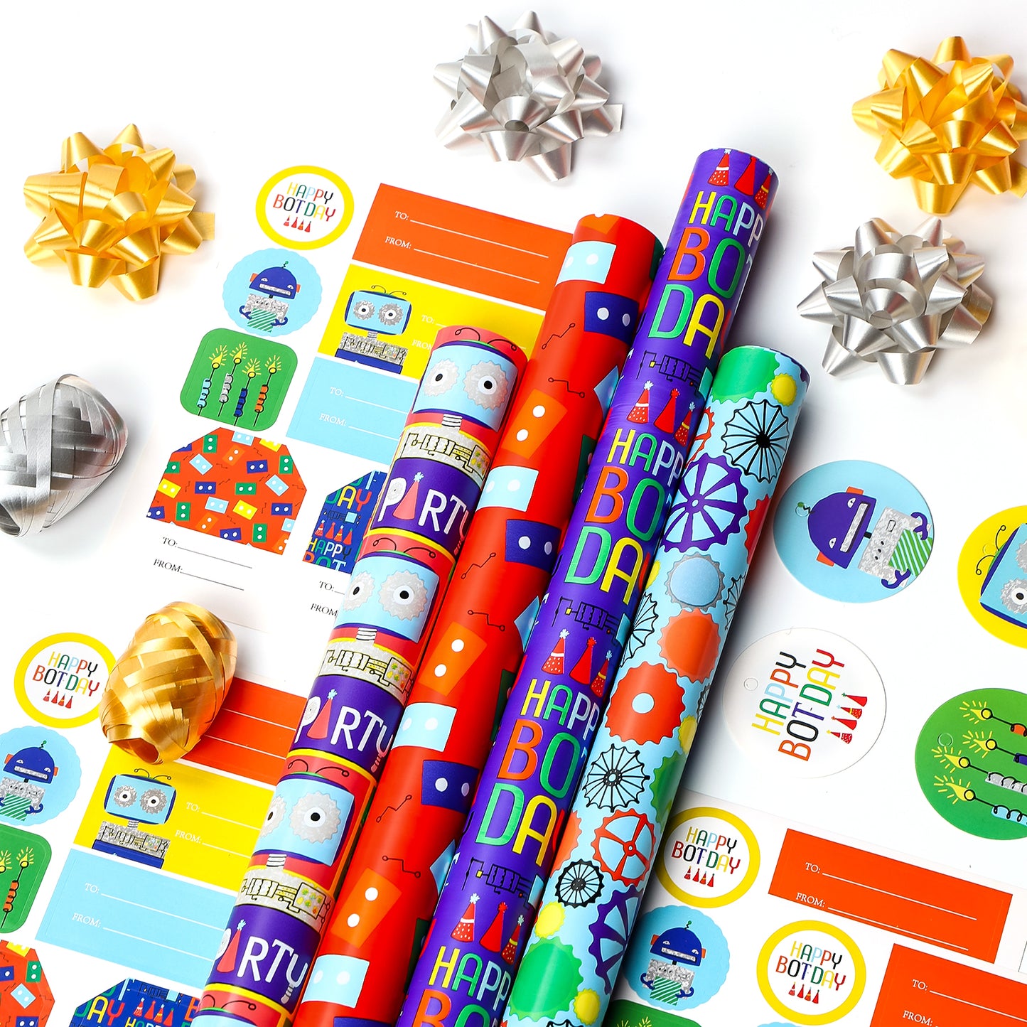 Packanewly Birthday Wrapping Paper Set with Cutline on Reverse(4-Pack, 100 sq. ft. ttl) - Robot Gift Wrap Roll for Kids, Boys, Girls - 30 Inch x 10 Feet