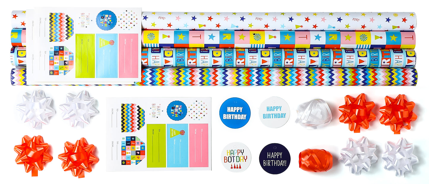 Packanewly Birthday Wrapping Paper Set with Cutline on Reverse(4-Pack, 100 sq. ft. ttl) - Words&Stards&Wave Line Gift Wrap Roll for Kids, Boys, Girls - 30 Inch x 10 Feet…