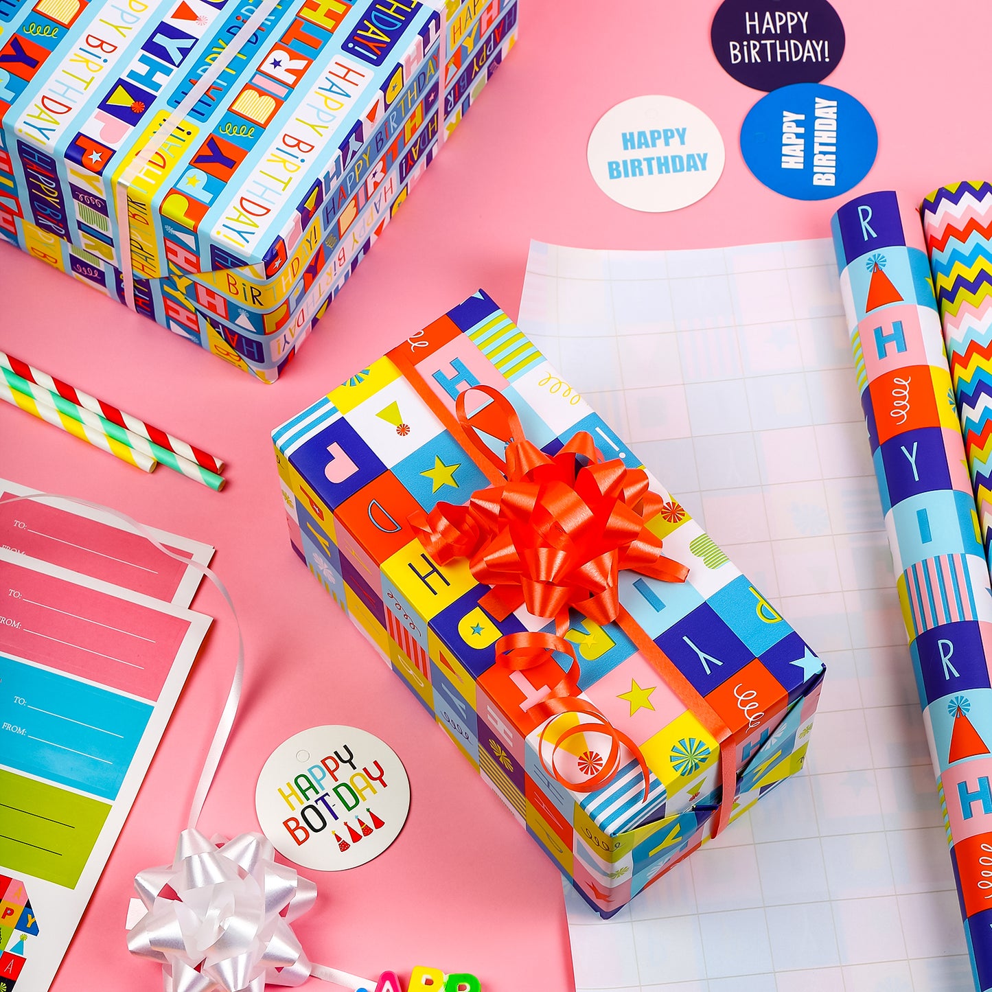 Packanewly Birthday Wrapping Paper Set with Cutline on Reverse(4-Pack, 100 sq. ft. ttl) - Words&Stards&Wave Line Gift Wrap Roll for Kids, Boys, Girls - 30 Inch x 10 Feet…