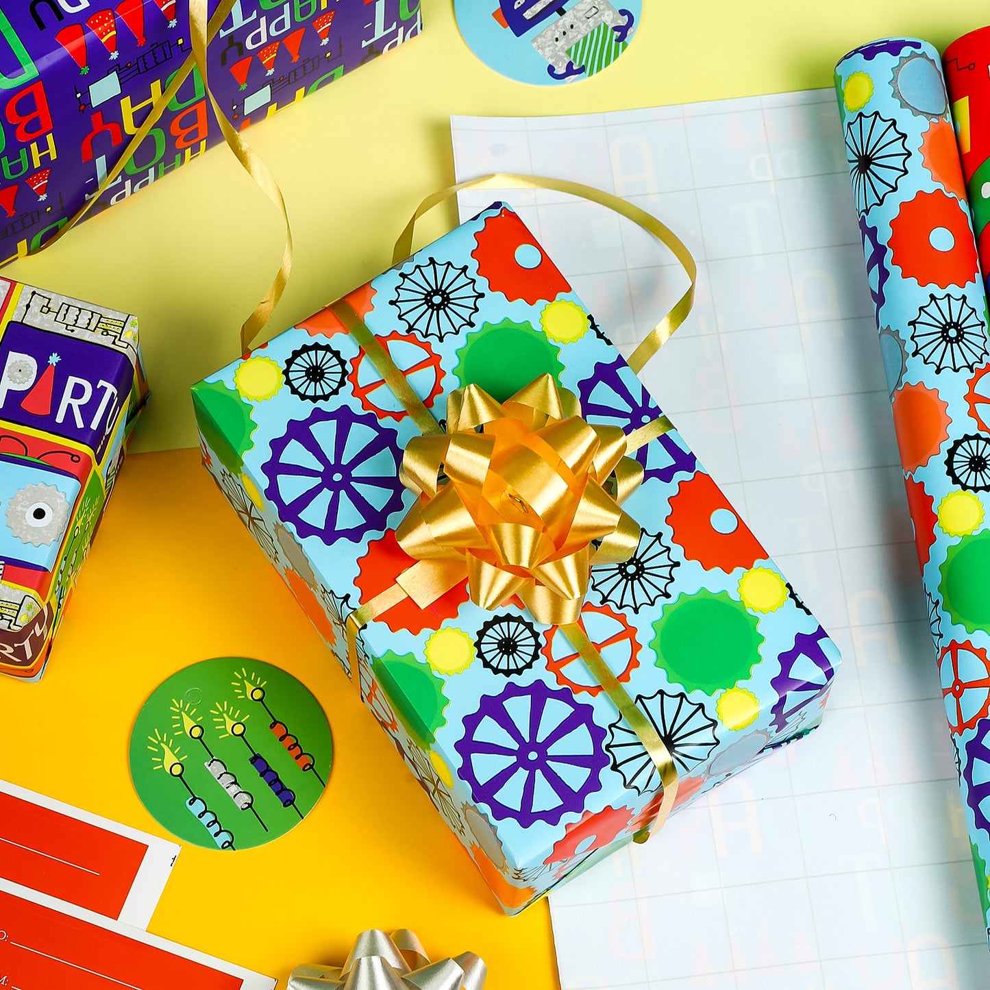 Packanewly Birthday Wrapping Paper Set with Cutline on Reverse(4-Pack, 100 sq. ft. ttl) - Robot Gift Wrap Roll for Kids, Boys, Girls - 30 Inch x 10 Feet