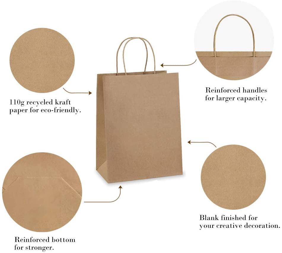 8 inchX4.75 inchx10 inch - 100 Pcs - Brown Kraft Paper Bags, Shopping, Mechandise, Party, Gift Bags