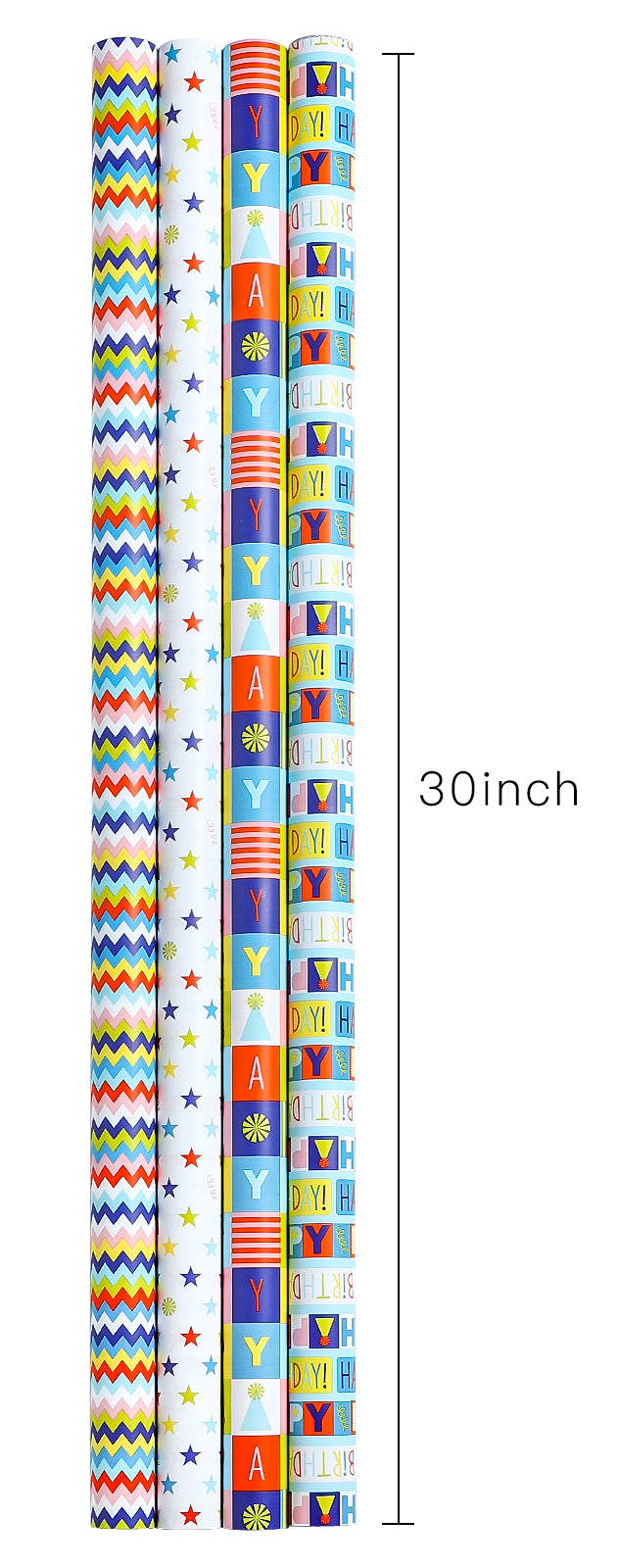 Packanewly Birthday Wrapping Paper Set with Cutline on Reverse(4-Pack, 100 sq. ft. ttl) - Words&Stards&Wave Line Gift Wrap Roll for Kids, Boys, Girls - 30 Inch x 10 Feet…