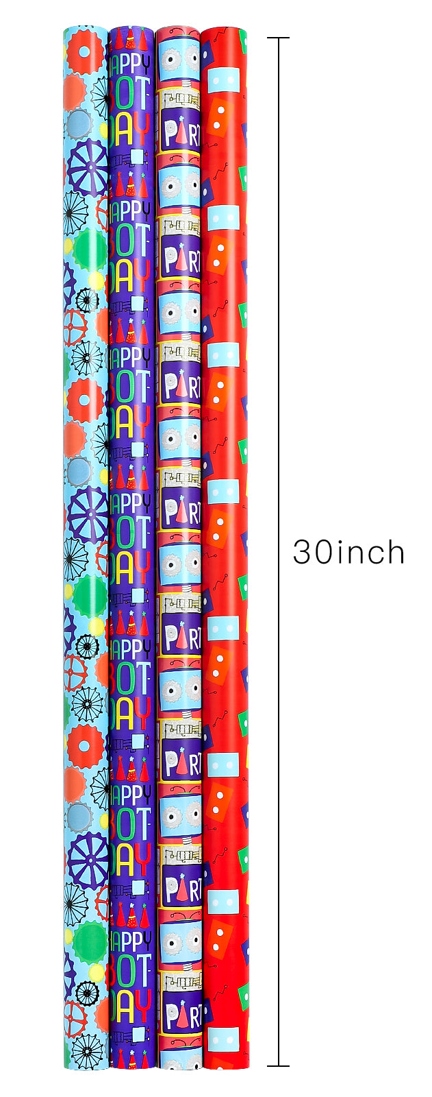 Packanewly Birthday Wrapping Paper Set with Cutline on Reverse(4-Pack, 100 sq. ft. ttl) - Robot Gift Wrap Roll for Kids, Boys, Girls - 30 Inch x 10 Feet