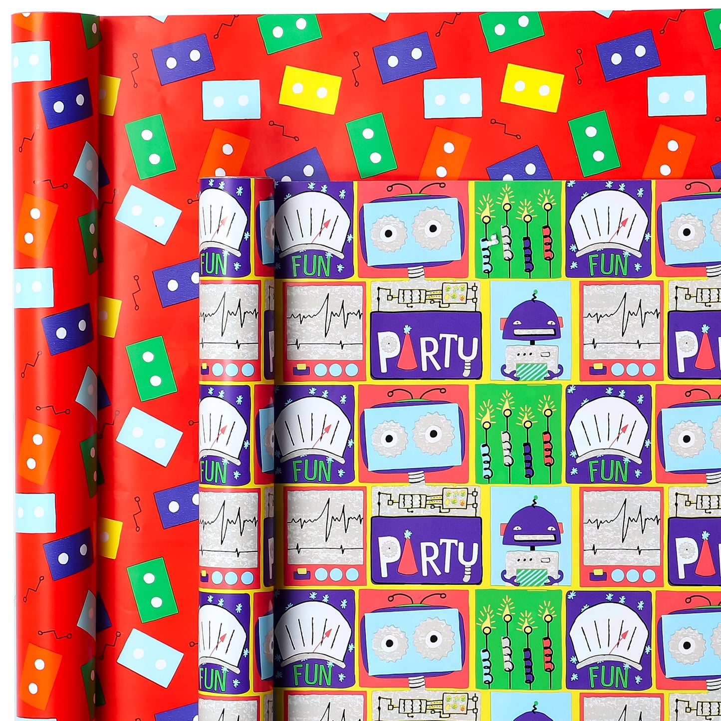 Packanewly Birthday Wrapping Paper Set with Cutline on Reverse(4-Pack, 100 sq. ft. ttl) - Robot Gift Wrap Roll for Kids, Boys, Girls - 30 Inch x 10 Feet