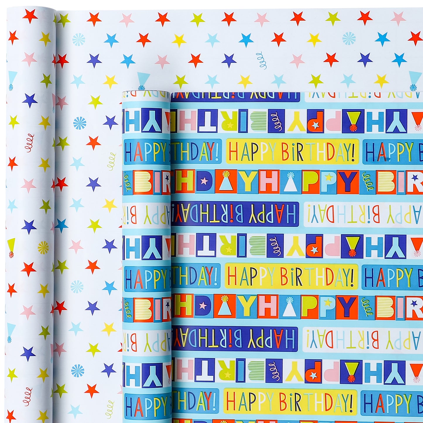 Packanewly Birthday Wrapping Paper Set with Cutline on Reverse(4-Pack, 100 sq. ft. ttl) - Words&Stards&Wave Line Gift Wrap Roll for Kids, Boys, Girls - 30 Inch x 10 Feet…